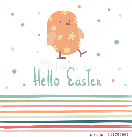 Happy Easter postcard background design. Spring religious traditional holiday card with cute chicken, kawaii flowers. Kids fairytale characters. Childish flat vector illustration 111793661