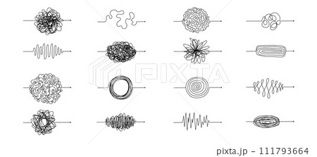 Chaotic line arrows. Doodle chaos simple drawn symbols, confused messy knot tangle scribbled lines. Vector isolated set. Tangled wires, complicated thoughts, brain confusion, problem solving Chaotic line arrows. Doodle chaos simple drawn symbols, confused messy knot tangle scribbled lines. Vector isolated set. Tangled wires, complicated thoughts, brain confusion, problem solving 111793664