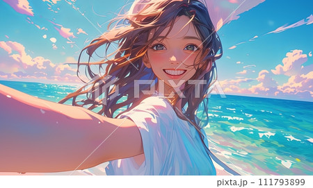 Illustration of a happy Asian girl taking selfie on sea background 111793899