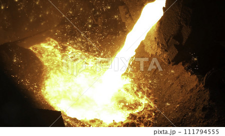 Liquid metal from blast furnace. Liquid iron from ladle in the steelworks 111794555