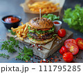 AI-generated content. a washed-up, juicy burger on a wooden tray. Generative AI 111795285