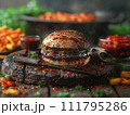 AI-generated content. a washed-up, juicy burger on a wooden tray. Generative AI 111795286