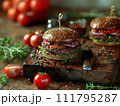 AI-generated content. a washed-up, juicy burger on a wooden tray. Generative AI 111795287