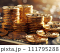 AI-generated content. Bitcoin gold coins on US dollars. Generative AI 111795288