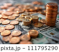 AI-generated content. Bitcoin gold coins on US dollars. Generative AI 111795290
