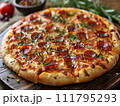 AI-generated content. Pepperoni pizza with sausage and cheese. Generative AI 111795293