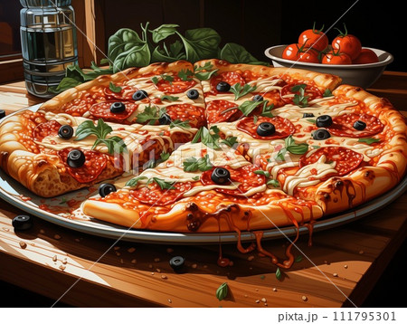 AI-generated content. Pepperoni pizza with sausage and cheese. Generative AI 111795301