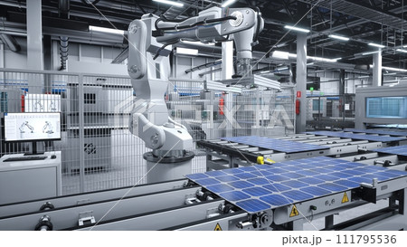 Solar panels moved on conveyor belts during high tech production process in green energy factory, 3D render. PV cells used to produce alternative electricity being placed on industrial assembly lines Solar panels moved on conveyor belts during high tech production process in green energy factory, 3D render. PV cells used to produce alternative electricity being placed on industrial assembly lines 111795536