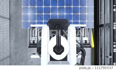 POV of robotic arms moving solar panels on conveyor belts during high tech production process in green energy factory, 3D illustration. Heavy equipment unit placing PV cells on assembly lines POV of robotic arms moving solar panels on conveyor belts during high tech production process in green energy factory, 3D illustration. Heavy equipment unit placing PV cells on assembly lines 111795537