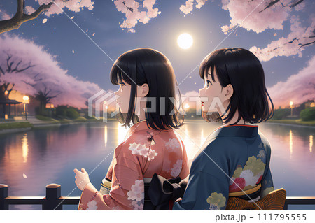 着物姿で夜桜見物【AI生成画像】 111795555