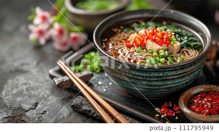 日本の伝統的なそば、うどんの定食 111795949