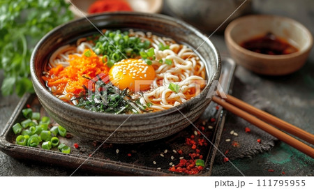 日本の伝統的なそば、うどんの定食 111795955