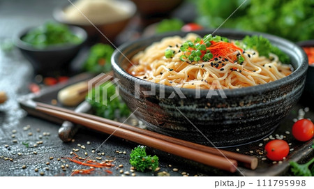 日本の伝統的なそば、うどんの定食 111795998