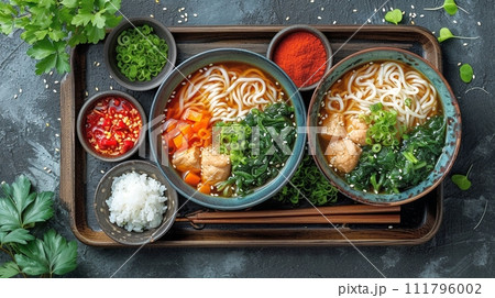 日本の伝統的なそば、うどんの定食 111796002