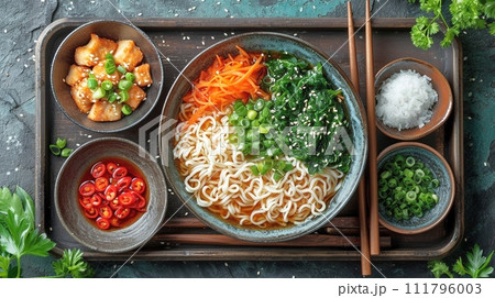 日本の伝統的なそば、うどんの定食 111796003