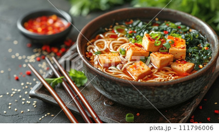 日本の伝統的なそば、うどんの定食 111796006