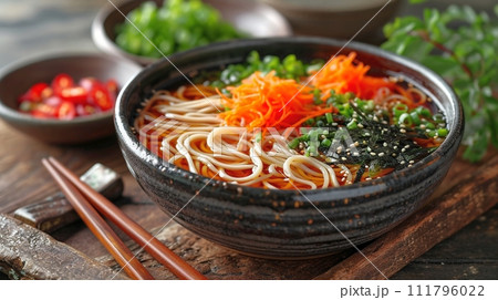 日本の伝統的なそば、うどんの定食 111796022