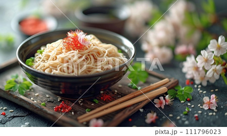 日本の伝統的なそば、うどんの定食 111796023