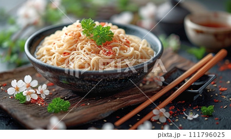 日本の伝統的なそば、うどんの定食 111796025