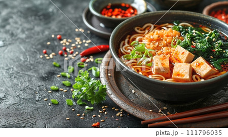 日本の伝統的なそば、うどんの定食 111796035