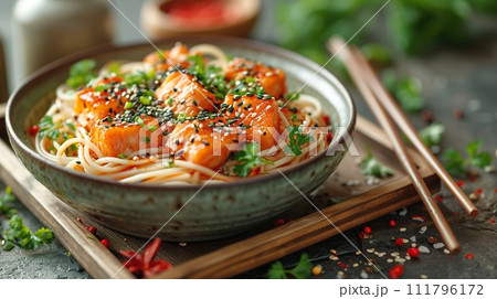 日本の伝統的なそば、うどんの定食 111796172