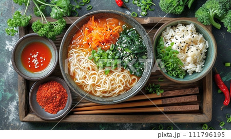 日本の伝統的なそば、うどんの定食 111796195