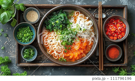 日本の伝統的なそば、うどんの定食 111796196