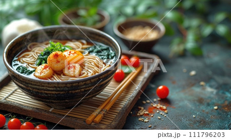 日本の伝統的なそば、うどんの定食 111796203