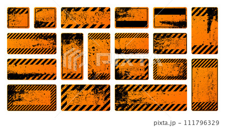 Orange grunge warning signs with diagonal lines. Old attention, danger or caution sign, construction site signage. Realistic notice signboard, warning banner, road shield. Vector illustration 111796329