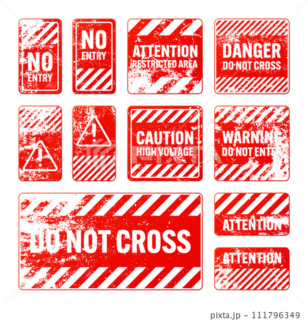 Red grunge warning signs with diagonal lines. Old attention, danger or caution sign, construction site signage. Realistic notice signboard, warning banner, road shield. Vector illustration Red grunge warning signs with diagonal lines. Old attention, danger or caution sign, construction site signage. Realistic notice signboard, warning banner, road shield. Vector illustration 111796349