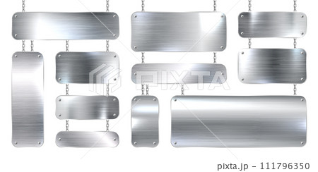 Metal banners hanging on a chain. Realistic shiny steel plate with screws. Polished silver metal surface. Vector illustration Metal banners hanging on a chain. Realistic shiny steel plate with screws. Polished silver metal surface. Vector illustration 111796350