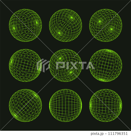 Wireframe shapes, lined sphere. Perspective mesh, 3d grid. Low poly geometric elements. Retro futuristic design elements, y2k, vaporwave and synthwave style. Vector illustration 111796351