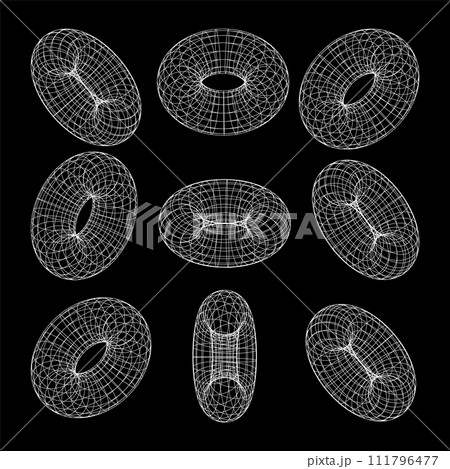 Wireframe shapes, lined torus. Perspective mesh, 3d grid. Low poly geometric elements. Retro futuristic design elements, y2k, vaporwave and synthwave style. Vector illustration Wireframe shapes, lined torus. Perspective mesh, 3d grid. Low poly geometric elements. Retro futuristic design elements, y2k, vaporwave and synthwave style. Vector illustration 111796477