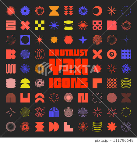 Brutalist geometric shapes, symbols. Simple primitive elements and forms. Retro design, trendy contemporary minimalist style, y2k. Vector illustration Brutalist geometric shapes, symbols. Simple primitive elements and forms. Retro design, trendy contemporary minimalist style, y2k. Vector illustration 111796549