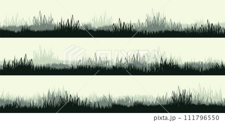 Meadow silhouettes with grass, plants on plain. Panoramic summer lawn landscape with herbs, various weeds. Herbal border, frame. Nature background. Green horizontal banner. Vector illustration Meadow silhouettes with grass, plants on plain. Panoramic summer lawn landscape with herbs, various weeds. Herbal border, frame. Nature background. Green horizontal banner. Vector illustration 111796550