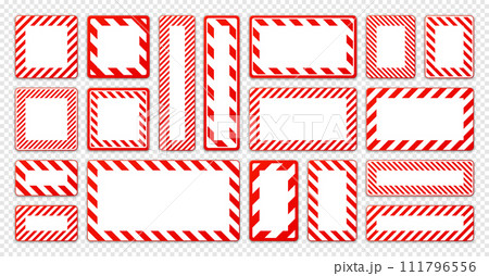 Various blank warning signs with diagonal lines. Yellow attention, danger or caution sign, construction site signage. Realistic notice signboard, warning banner, road shield. Vector illustration Various blank warning signs with diagonal lines. Yellow attention, danger or caution sign, construction site signage. Realistic notice signboard, warning banner, road shield. Vector illustration 111796556