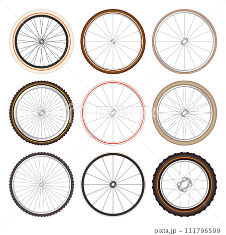 Realistic 3d retro bicycle wheels. Vintage bike rubber tyres, shiny metal spokes and rims. Fitness cycle, touring, sport, road and mountain bike. Vector illustration 111796599