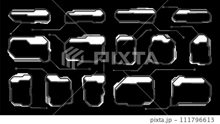 White futuristic HUD, UI elements. Sci-fi user interface text boxes, callouts. Warning message frames, information boxes template. Modern game interface layout in digital style. Vector illustration White futuristic HUD, UI elements. Sci-fi user interface text boxes, callouts. Warning message frames, information boxes template. Modern game interface layout in digital style. Vector illustration 111796613