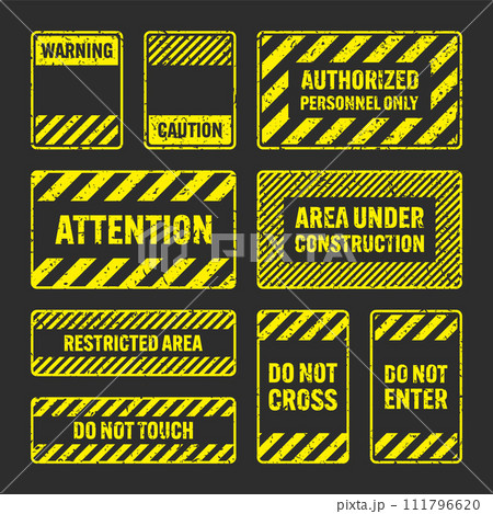 Various yellow grunge warning signs with diagonal lines. Old attention, danger or caution sign, construction site signage. Realistic notice signboard, warning banner, road shield. Vector illustration 111796620