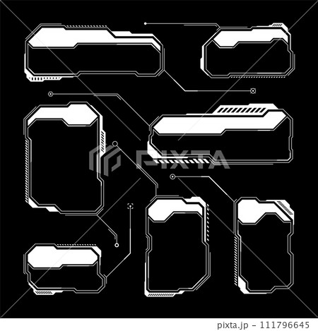 White futuristic HUD, UI elements. Sci-fi user interface text boxes, callouts. Warning message frames, information boxes template. Modern game interface layout in digital style. Vector illustration White futuristic HUD, UI elements. Sci-fi user interface text boxes, callouts. Warning message frames, information boxes template. Modern game interface layout in digital style. Vector illustration 111796645