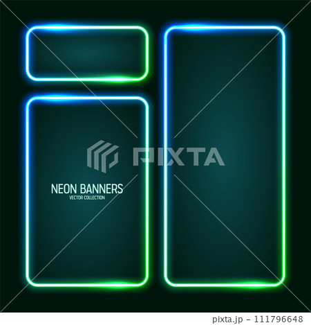Glowing neon banners, illuminated colorful square frames. Shiny vibrant border, glow effect. Azure vintage retro lights, night illumination. Modern futuristic UI design elements. Vector illustration Glowing neon banners, illuminated colorful square frames. Shiny vibrant border, glow effect. Azure vintage retro lights, night illumination. Modern futuristic UI design elements. Vector illustration 111796648