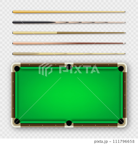 Various wooden billiard cues and green pool table. Snooker sports equipment. Vintage cue. Recreation and hobby, competitive game. Vector illustration 111796658