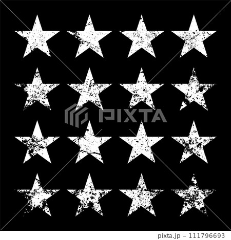 Vintage stars with cracks and stains. Old hand-drawn sign, white simple shape. Retro design element with distressed effect, grunge texture. Vector illustration Vintage stars with cracks and stains. Old hand-drawn sign, white simple shape. Retro design element with distressed effect, grunge texture. Vector illustration 111796693