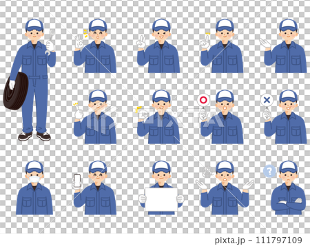 年輕男性機械師臉部表情與手勢插畫素材集 111797109