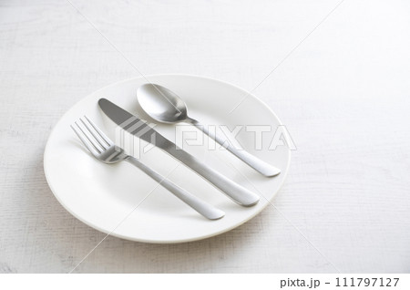 シンプルな白い皿とフォークとナイフとスプーン 111797127