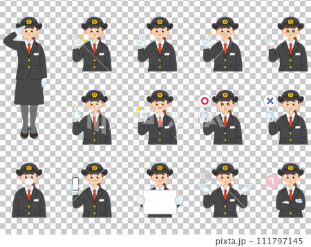 運転士の若い女性　表情とジェスチャーのイラスト素材セット 111797145