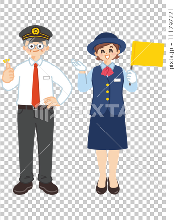 Elderly male driver and female bus guide 111797221