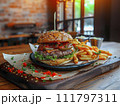 AI-generated content. a washed-up, juicy burger on a wooden tray. Generative AI 111797311