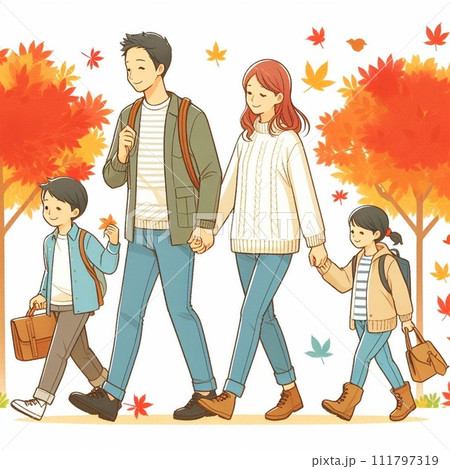 紅葉の中を歩く家族 111797319