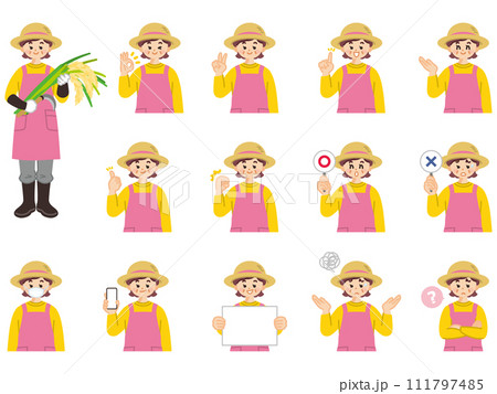 農家の中年女性　表情とジェスチャーのイラスト素材セット 111797485